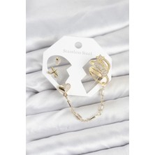 GV Home Mey Ithalat® Kalp Yıldız Model Pirinç Gold Renk Zincir Bağlantılı Ear Cuff Küpe Seti