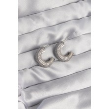 GV Home Mey Ithalat® Pirinç Gümüş Renk Zirkon Taşlı Yarım Halka Küpe