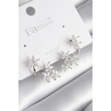 GV Home Mey Ithalat® Pirinç Gümüş Renk Zirkon Taşlı Çiçek Tasarım Kadın Küpe