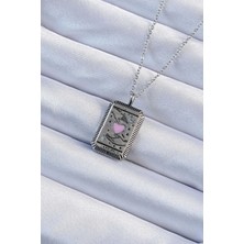GV Home Mey Ithalat® 316L Çelik Zincir Eskitme Gümüş Renk Pembe Mineli Kalp Figürlü Tarot Kolye
