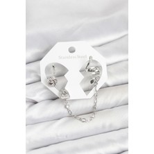 GV Home Mey Ithalat® Pirinç Gümüş Renk Yılan Model Zincir Bağlantılı Ear Cuff Küpe Seti
