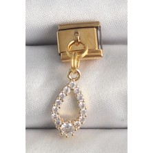 GV Home Mey Ithalat® 316L Çelik Gold Renk Sallantı Zirkon Taşlı Damla Model Nomination Charm