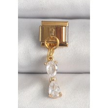 GV Home Mey Ithalat® 316L Çelik Gold Renk Sallantı Zirkon Taşlı Kurdele Model Nomination Charm