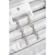 GV Home Mey Ithalat® Pirinç Zirkon Taşlı Sallantılı Yıldız Model Gümüş Renk Kadın Küpe