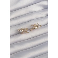 GV Home Mey Ithalat® Pirinç Gold Renk Iri Zirkon Taşlı Kıvrımlı Minimal Kelebekli Halka Küpe