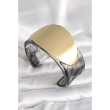 GV Home Mey Ithalat® Siyah Mermer Desen Akrilik Plastik Gold Oval Plaka Model Vintage Kadın Bilezik