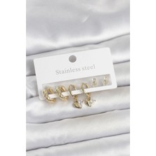 GV Home Mey Ithalat® 316L Çelik Gold Renk Kalp Detaylı Kadın Küpe Seti