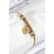 GV Home Mey Ithalat® 316L Çelik Zirkon Taşlı Göz Charm Model Gold Renk Kadın Bileklik
