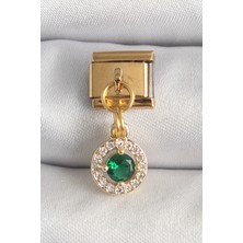 GV Home Mey Ithalat® 316L Çelik Gold Renk Sallantı Yeşil Zirkon Taşlı Nomination Charm
