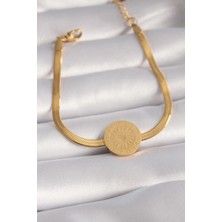GV Home Mey Ithalat® 316L Çelik Gold Renk Italyan Zincir Model Işlemeli Madalyon Figür Kadın Bileklik