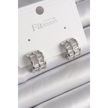 GV Home Mey Ithalat® Pirinç Gümüş Renk Çift Sıra Zirkon Taşlı Kadın Küpe
