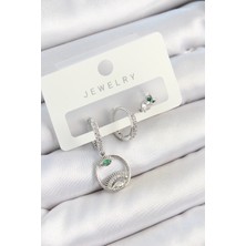 GV Home Mey Ithalat® Pirinç Zirkon Taşlı Göz ve Baykuş Model Gümüş Renk 3'lü Çift Kadın Küpe Set