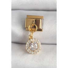 GV Home Mey Ithalat® 316L Çelik Gold Renk Sallantı Daire Zirkon Taşlı Nomination Charm