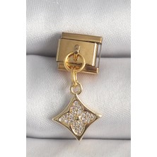 GV Home Mey Ithalat® 316L Çelik Gold Renk Sallantı Zirkon Taşlı Çiçek Işlemeli Nomination Charm