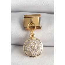 GV Home Mey Ithalat® 316L Çelik Gold Renk Sallantı Zirkon Taşlı Yonca Model Nomination Charm