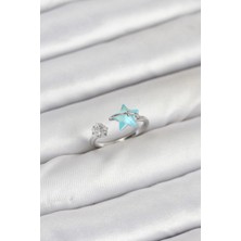 GV Home Mey Ithalat® Pirinç Gümüş Renk Mavi Yıldızlı Model Kadın Yüzük