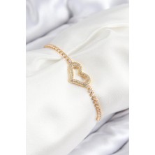 GV Home Mey Ithalat® Pirinç Zirkon Taşlı Kalp Model Gold Renk Asansörlü Kadın Bileklik