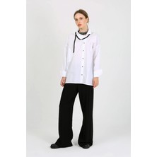 Des Concept Kadın Çizgili Asimetrik Yaka Oversize Gömlek