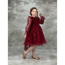 Lina Baby Bloomm Kız Çocuk Bordo Kelebek Desenli Tül Abiye Elbise Uzun Kollu Özel Gün Elbisesi