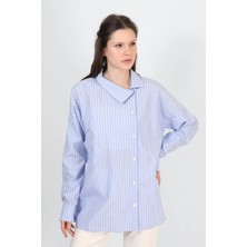Des Concept Kadın Çizgili Asimetrik Yaka Oversize Gömlek