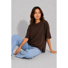 Asfaha Fashion Kadın Yan Yırtmaç Detaylı Bisiklet Yaka Oversize Pamuklu Tişört