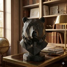 Modern Geometrik Ayı Heykeli Bust - Siyah Dekoratif Biblo - Ofis ve Ev Hediyesi 24 cm