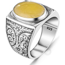 Modasilvers 925 Ayar Gümüş Sarı Damla Kehribar Taşlı Kalem Işlemeli Erkek Yüzük