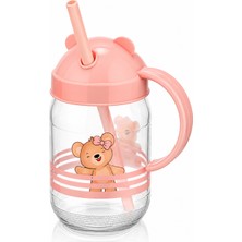 Genchome Homeware Çocuk Cam Pipetli Bardak 380 cc Kulplu Ayıcıklı Cam Su Bardağı Bpa Free Meyve Suyu Süt Içecek Bardağı