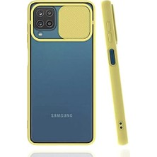 Galaxy A12 ile Uyumlu Kılıf Slayt Sürgülü Arkası Buzlu Lensi Kapak - Sarı