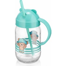 Genchome Homeware Çocuk Cam Pipetli Bardak 380 cc Kulplu Ayıcıklı Cam Su Bardağı Bpa Free Meyve Suyu Süt Içecek Bardağı
