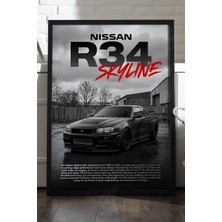 Duvarda Nissan R34 Skyline Siyah Ahşap Çerçeveli Poster, Dekoratif Araba Duvar Tablosu