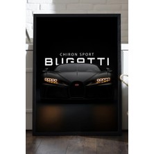 Duvarda Bugattio Chiron Sport Siyah Ahşap Çerçeveli Poster, Dekoratif Araba Duvar Tablosu