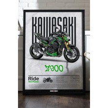 Duvarda Kawasaki Z900 Siyah Ahşap Çerçeveli Poster, Dekoratif Motosiklet Duvar Tablosu