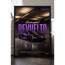 Duvarda Lamborghini Revuelto Siyah Ahşap Çerçeveli Poster, Dekoratif Araba Duvar Tablosu