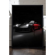 Duvarda Porsche 911 Siyah Ahşap Çerçeveli Poster, Dekoratif Araba Duvar Tablosu