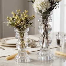 Yağmur Store Luvia Model 2'li El Yapımı Cam Şamdan ve Vazo Seti - Çift Yönlü Kullanım, Şeffaf Optikli Dekoratif Şamdanlık (18 cm ve 23 Cm)
