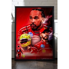 Duvarda Lewis Hamilton Siyah Ahşap Çerçeveli Poster, Dekoratif Formula 1 Duvar Tablosu