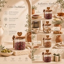 Yağmur Store 460 ml Kalp Kulplu Kaşıklı Cam Kavanoz Akasya Ahşap Kapaklı Baharat Çay Kuruyemiş Saklama Kabı