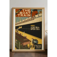 Duvarda Boat Train Doğal Ahşap Çerçeveli Poster, Dekoratif Seyahat Duvar Tablosu