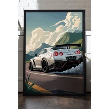 Duvarda Nissan Gtr Siyah Ahşap Çerçeveli Poster, Dekoratif Araba Duvar Tablosu