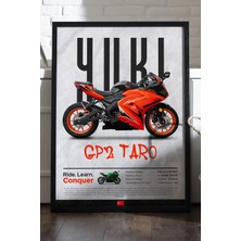 Duvarda Yuki Gp2 Taro Siyah Ahşap Çerçeveli Poster, Dekoratif Motosiklet Duvar Tablosu