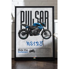 Duvarda Bajaj Pulsar Ns 125 Siyah Ahşap Çerçeveli Poster, Dekoratif Motosiklet Duvar Tablosu