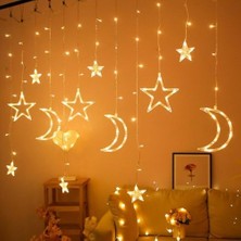 Yağmur Store Ay Yıldız Figürlü Perde LED Işık, 3.5 Metre 12 Sarkıtlı Dekoratif Aydınlatma, 8 Fonksiyonlu ve Eklenebilir Fişli, 3200K Günışığı (Sarı) Ramazan ve Ev Dekoru