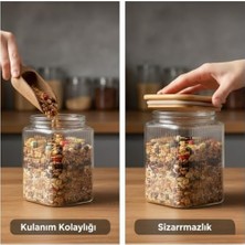NY Home Bambu Kapaklı 200 ml Kare Cam Kavanoz – Çizgili Şeffaf Tasarım, Sızdırmaz Silikon Contalı Saklama Kabı