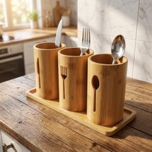 NY Home 3'lü Doğal Bambu Kaşıklık Seti - Ahşap Standlı Tezgah Üstü Çatal Kaşık Bıçak Düzenleyici Şık Mutfak Organizeri (Stand: 33X13X2 Cm/kaşıklık: 10X12 Cm)