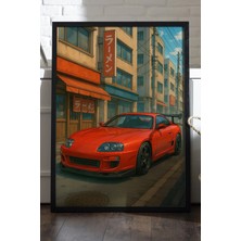 Duvarda Toyota Supra Siyah Ahşap Çerçeveli Poster, Dekoratif Araba Duvar Tablosu