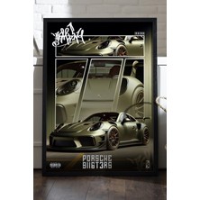 Duvarda Porsche 911 Gt3 Rs Siyah Ahşap Çerçeveli Poster, Dekoratif Araba Duvar Tablosu