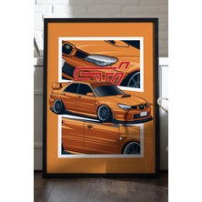 Duvarda Subaru Wrx Stı Siyah Ahşap Çerçeveli Poster, Dekoratif Araba Duvar Tablosu