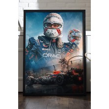 Duvarda Max Verstappen Formula 1 Siyah Ahşap Çerçeveli Poster, Dekoratif Araba Duvar Tablosu