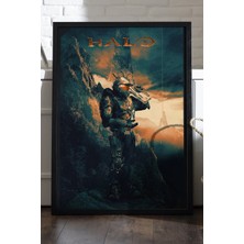 Duvarda Halo Siyah Ahşap Çerçeveli Poster, Dekoratif Oyun Duvar Tablosu